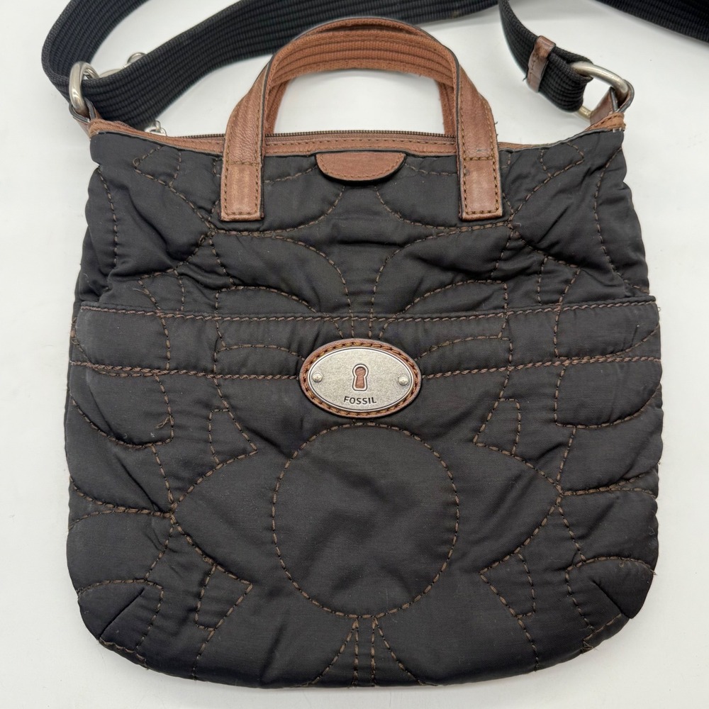 Fossil Key-Per Black Quilted Nylon Crossbody Bag Brown Leather Trim Y2K - Picture 1 of 11